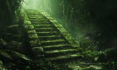 A set of ancient, weathered stone steps covered in green vines, leading deeper into a lush jungle, evoking a sense of mystery