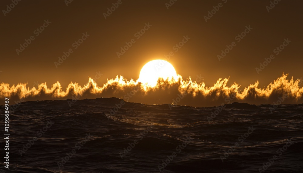 Poster sunset over a calm ocean with clouds reflecting golden light