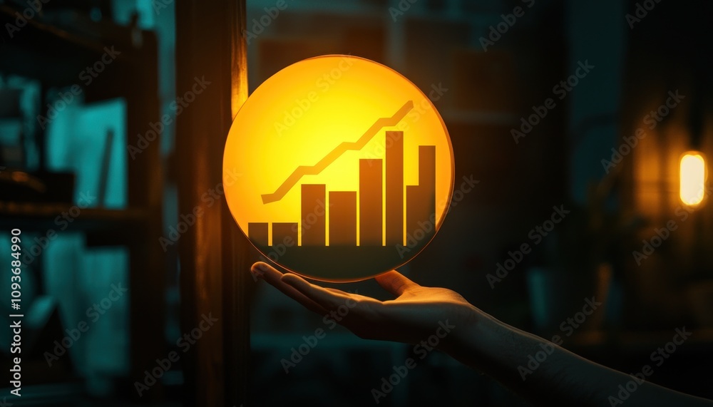 Poster hand holding a glowing sphere with a bar chart and an upward trend line