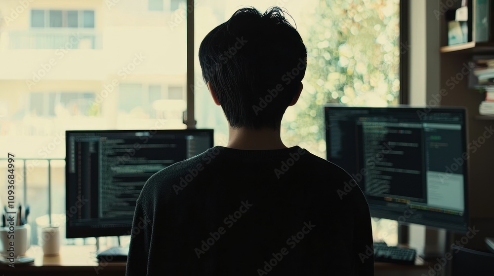 Poster Silhouette of a person working at a computer in front of a window