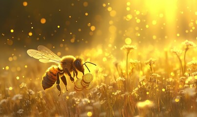 Naklejka premium Bee Collecting Golden Coins in a Sunlit Field