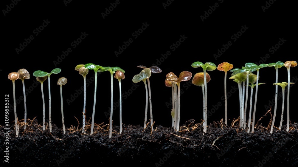 Poster a row of green seedlings emerging from soil against a black background