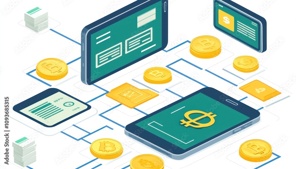 Aufkleber Isometric Illustration of Bitcoin Transactions and Mobile Devices