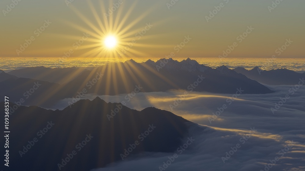 Poster sunbeams breaking through clouds over mountain range