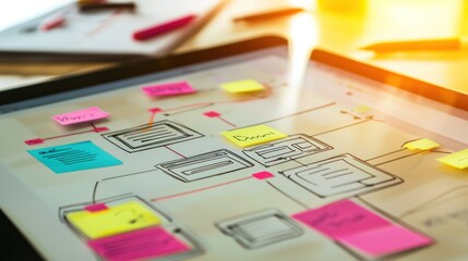 Website Design Sketch with Sticky Notes and Handwritten Labels