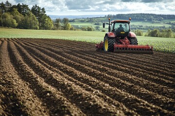 An overhead view of a tractor and planter working on freshly plowed fields, leaving smooth rows of crops. Generative AI