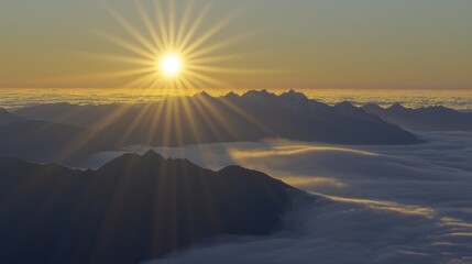 Sunbeams Breaking Through Clouds Over Mountain Range
