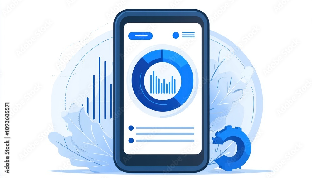 Poster Smartphone Displaying Blue Charts and Graphs with Gear Icon