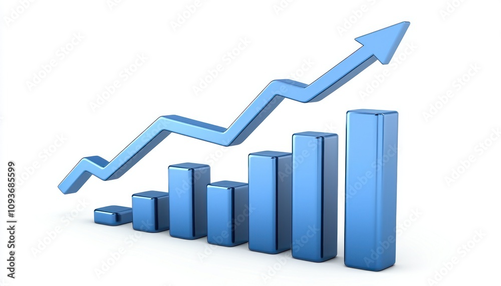 Poster 3D Blue Bar Graph with Upward Arrow Showing Growth