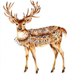Obraz premium Watercolor Illustration of a Deer with Ornate Antlers and Patterned Fur