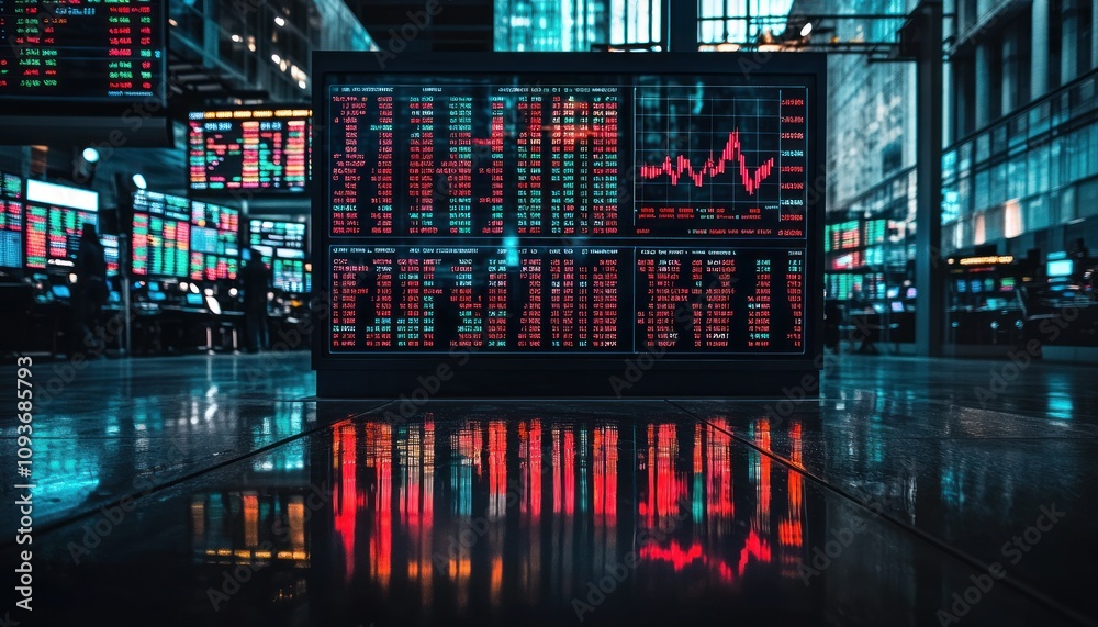 Poster stock market data display with red and green numbers and a line chart reflecting in a wet city stree
