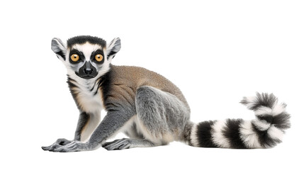 Naklejka premium A curious lemur with a long striped tail isolated on a transparent background, PNG