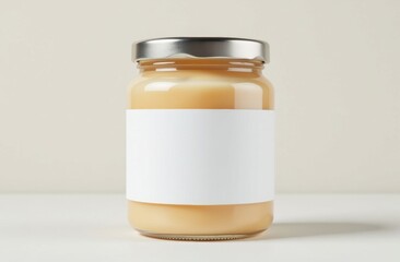 Glass jar with metallic lid and blank label for customization.