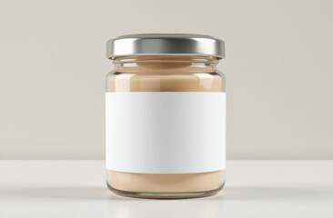 Glass jar with metallic lid and blank label for customization.