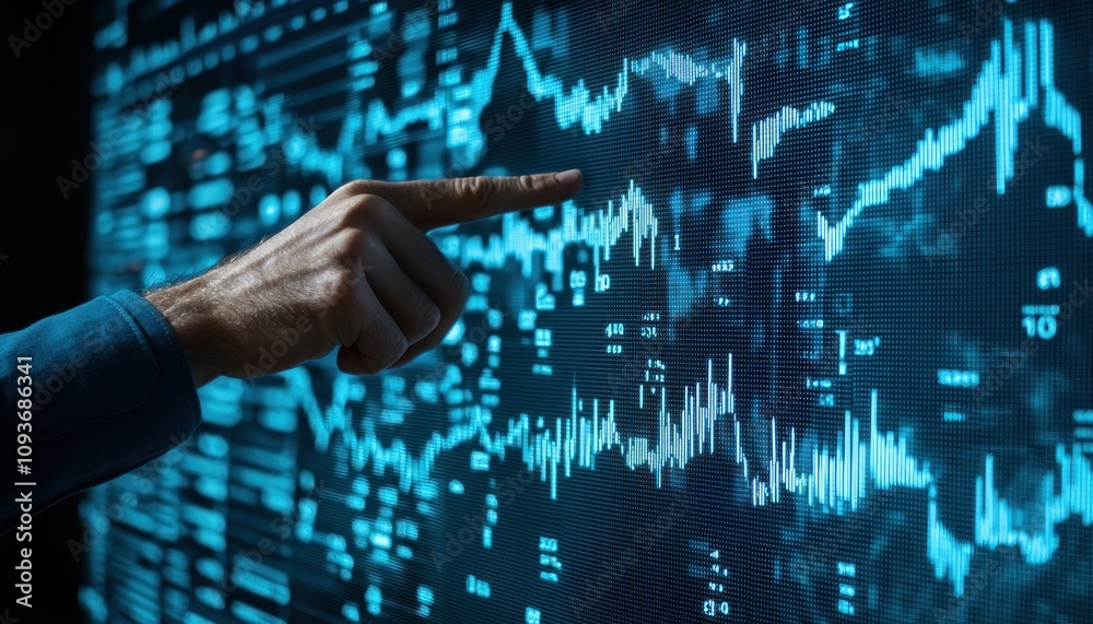 Poster Hand Pointing at Stock Market Data Displayed on a Screen