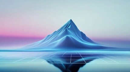Abstract Mountain with Digital Grid Reflection and Neon Colors in Futuristic Landscape