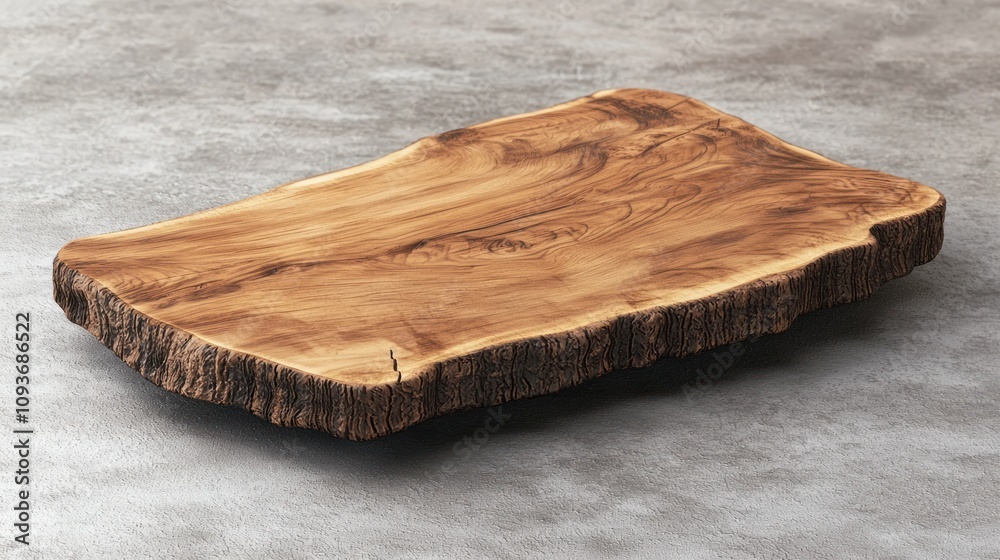 Poster rustic wooden slab with natural bark edges on a gray surface