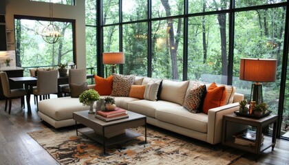 Obraz premium Sectional Sofa in Modern Living Room with Large Windows and Forest View