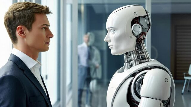 Robots replace people at work. Job interview