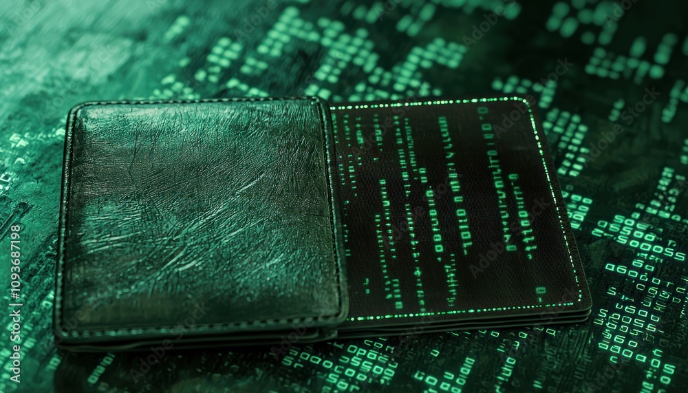 Poster Leather Wallet on Green Binary Code Background