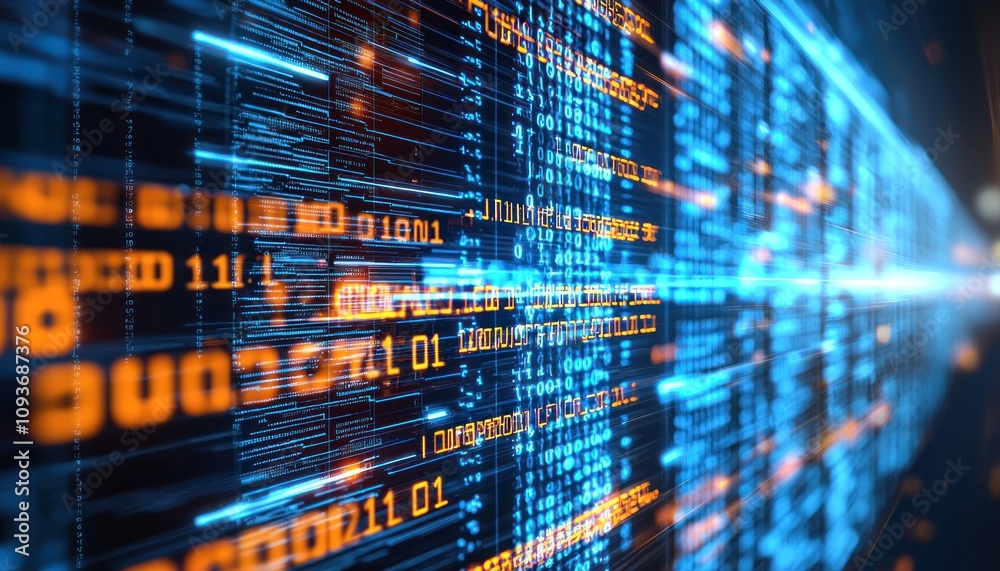 Poster Abstract Digital Data Stream with Binary Code and Glowing Lines