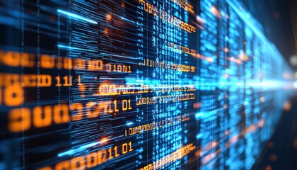 Abstract Digital Data Stream with Binary Code and Glowing Lines
