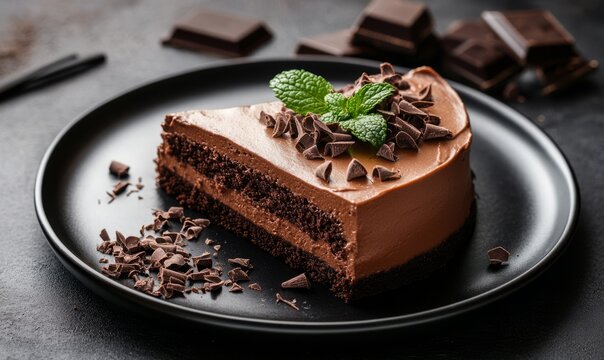 A single serving of chocolate mousse cake on a black plate with a sprig of mint, garnished with chocolate shavings and a drizzle of chocolate sauce