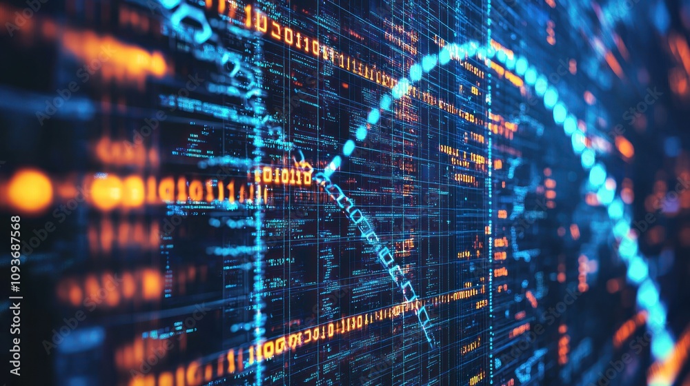 Poster abstract digital data visualization with blue and orange lights