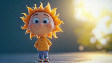 Cartoon cute sun in the form of a boy in clothes on a blue background. 3D Cartoon character boy sun standing on blue background.