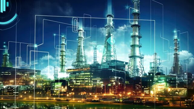 Double exposure oil refinery at night. Energy and industry concept.