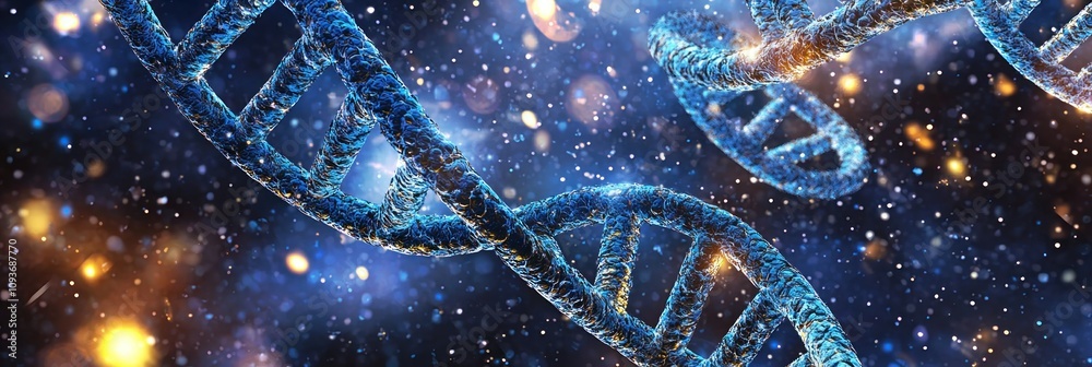 Poster close-up of a blue and gold dna double helix with a sparkling background