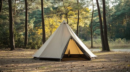 Tent in forest with trees background and sunlight