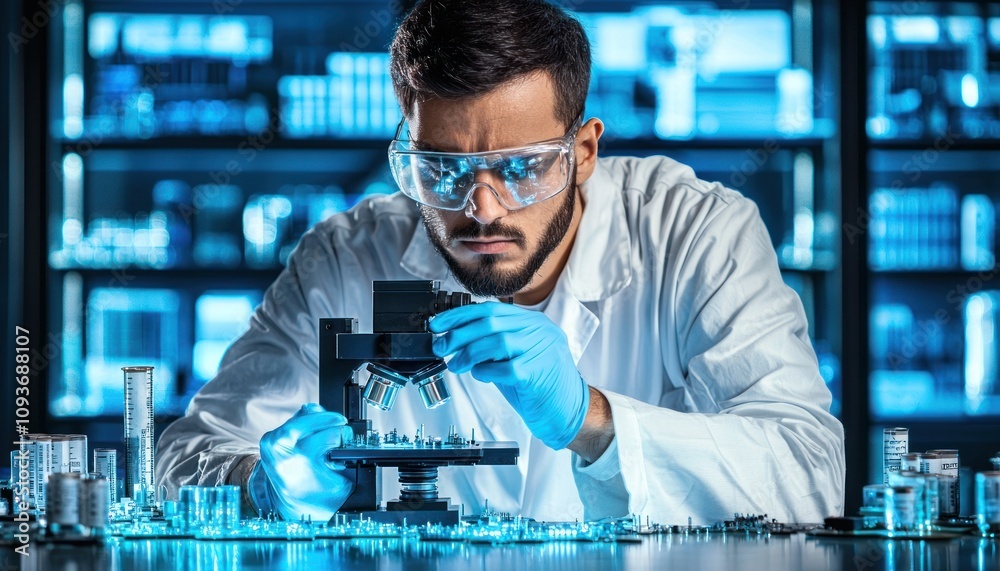 Aufkleber Scientist examining a circuit board under a microscope in a laboratory