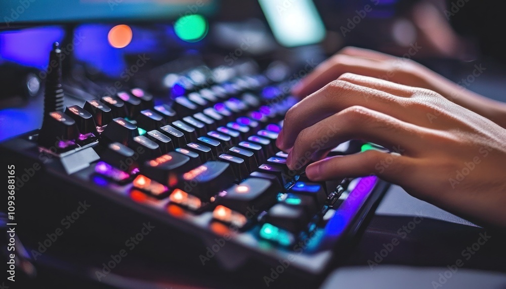 Aufkleber close-up of a hand typing on a colorful illuminated gaming keyboard