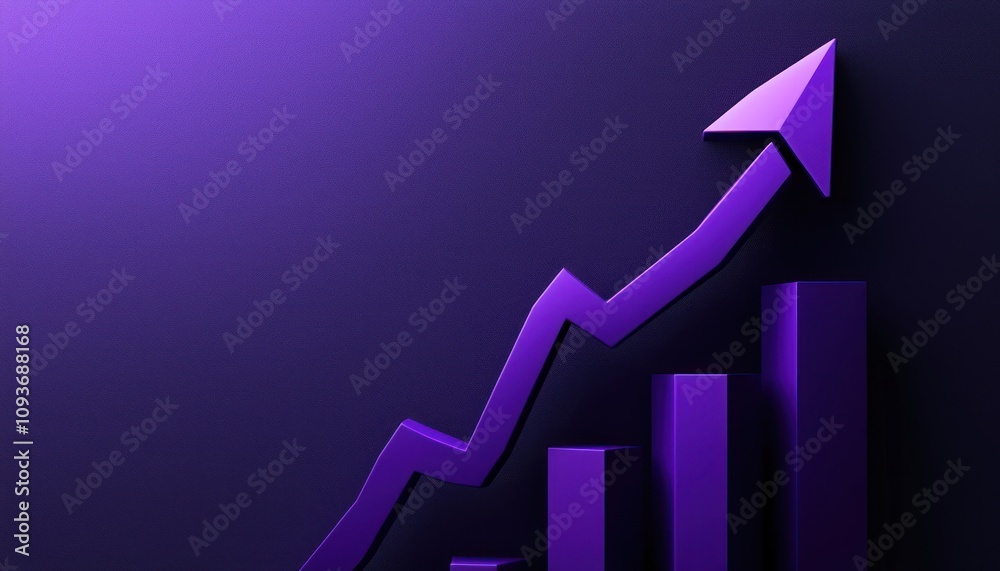 Poster purple 3d arrow ascending on bars chart