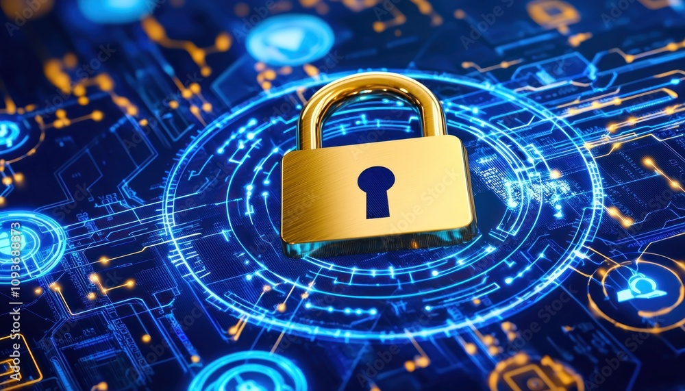 Poster golden padlock on abstract digital circuit board