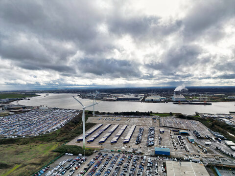 High Angle View of Dagenham City East London Capital City of England Great Britain. Aerial Footage was Captured with Drone's Camera on March 2nd, 2024