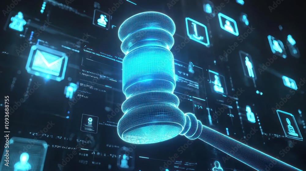 Aufkleber Digital Gavel Hovering Over a Blue Wireframe Interface