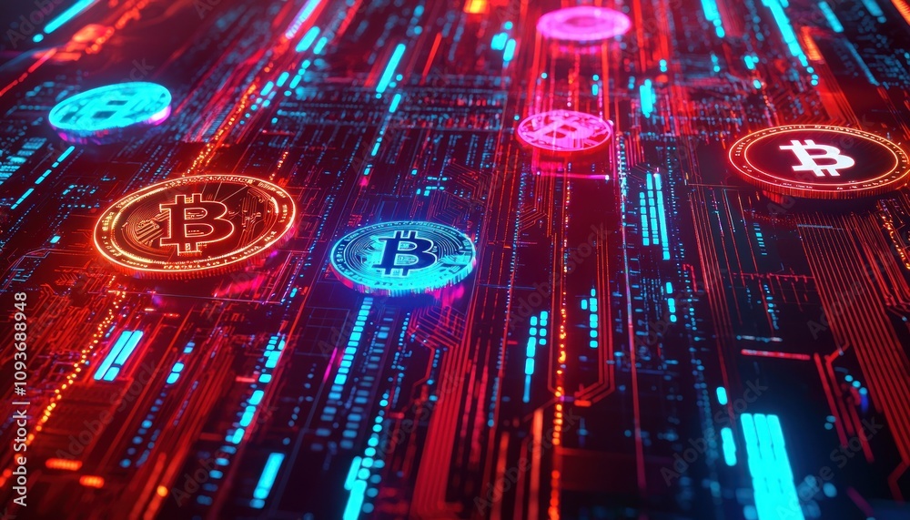 Poster Bitcoin Coins on a Red and Blue Circuit Board