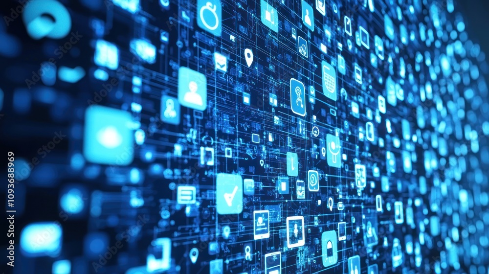 Poster Abstract digital network with icons and data streams