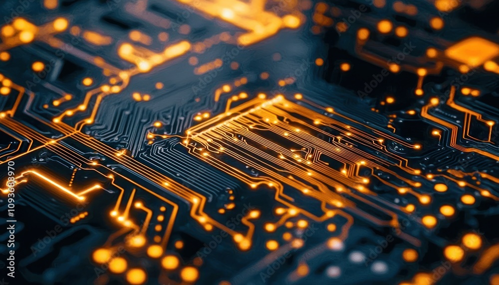 Poster close-up of a circuit board with glowing orange traces