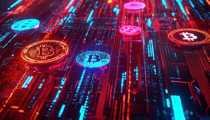 Obraz premium Bitcoin Coins on a Red and Blue Circuit Board
