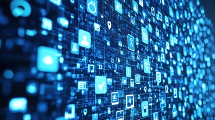 Obraz premium Abstract digital network with icons and data streams