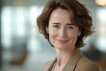 Fototapeta premium Close-up headshot of confident European mature, good looking middle-aged leader, businesswoman CEO on blurred office background. Beautiful senior European businessman smiling at the camera