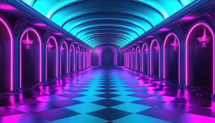 Neon-lit Hallway with Arched Openings and Checkered Floor