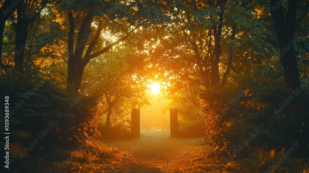 Poster a sunlit path through trees in a forest