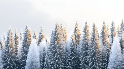 A serene snowy forest with tall pine trees dusted in white under a pale winter sky.