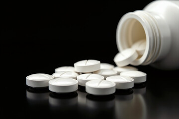 Opraked white jar with a scattering of white tablets chamfered on a black reflective surface.  AI generative.