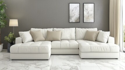 White Sectional Sofa with Pillows in a Modern Living Room