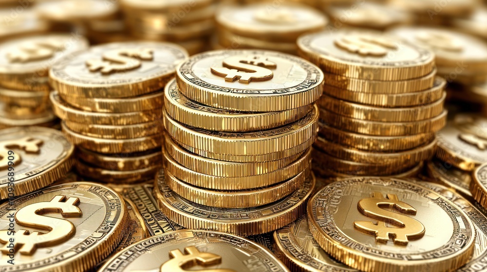 Aufkleber a stack of gold dollar coins with a dollar sign embossed on each coin
